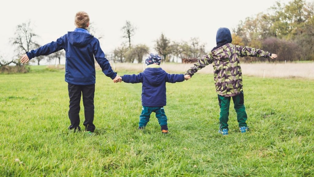 three children holding hands standing on grasses